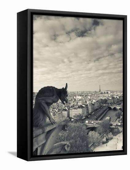 France, Paris, View from the Cathedrale Notre Dame Cathedral with Gargoyles-Walter Bibikow-Framed Stretched Canvas