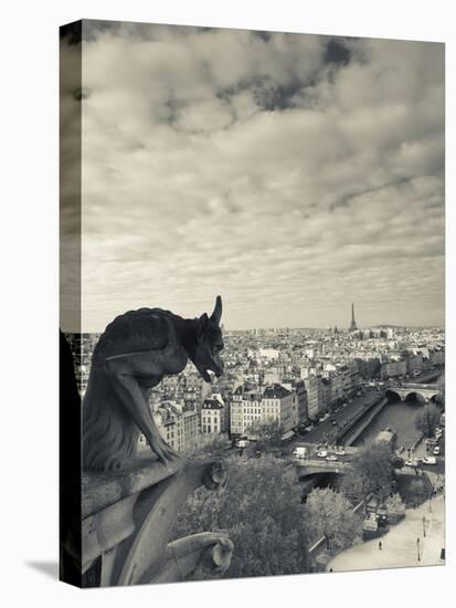 France, Paris, View from the Cathedrale Notre Dame Cathedral with Gargoyles-Walter Bibikow-Stretched Canvas