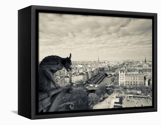 France, Paris, View from the Cathedrale Notre Dame Cathedral with Gargoyles-Walter Bibikow-Framed Stretched Canvas