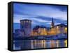 France, Poitou-Charentes, La Rochelle, Town Reflected in Harbour at Dusk-Shaun Egan-Framed Stretched Canvas