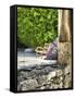 France, Provence. Outdoor Patio of the Saint-Hilaire Abbey-Julie Eggers-Framed Stretched Canvas