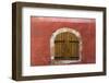 France, Provence, Roussillon. Wooden shutters in red wall.-Jaynes Gallery-Framed Photographic Print