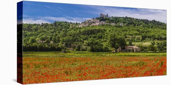 France, Provence, Vaucluse, Lacoste, Poppy Field with View of the Village-Udo Siebig-Stretched Canvas