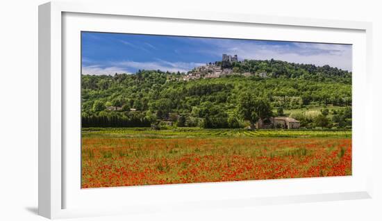 France, Provence, Vaucluse, Lacoste, Poppy Field with View of the Village-Udo Siebig-Framed Photographic Print