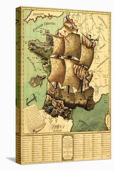 France Represented as a Ship - Panoramic Map-Lantern Press-Stretched Canvas