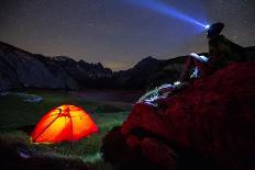 A person looks at stars near his red tent, Unterer Segnesboden, Flims, Switzerland-Francesco Bergamaschi-Photographic Print