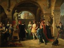 First Day of the Decameron (Author Boccaccio Is on Left in Red Cape)-Francesco Podesti-Framed Art Print