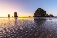 Haystack Rock and The Needles at sunset, with textured sand in the foreground-francesco vaninetti-Photographic Print