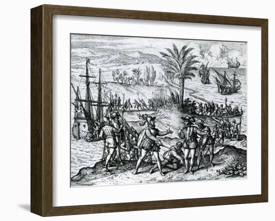 Francisco De Bobadilla Arriving as Governor and Arresting Christopher Columbus (1451-1506) in Hispa-Theodore de Bry-Framed Giclee Print