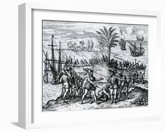 Francisco De Bobadilla Arriving as Governor and Arresting Christopher Columbus (1451-1506) in Hispa-Theodore de Bry-Framed Giclee Print