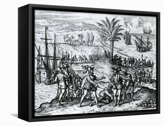 Francisco De Bobadilla Arriving as Governor and Arresting Christopher Columbus (1451-1506) in Hispa-Theodore de Bry-Framed Stretched Canvas