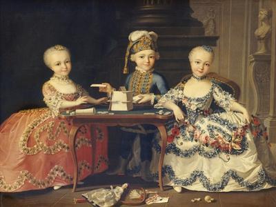 A Boy in Ornate Blue Costume Building a House of Cards, with Two Girls in Lace-Trimmed Dresses