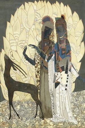 Two Stylised Women with an Antelope Amongst Foliages, C.1928