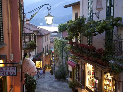 Shopping Street at Dusk, Bellagio, Lake Como, Lombardy, Italy, Europe
