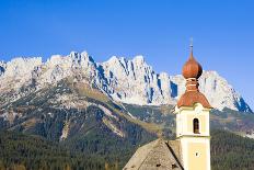 Austria, Tyrol, Going, Steeple, Mountains, Wilder Kaiser-Frank Lukasseck-Framed Stretched Canvas