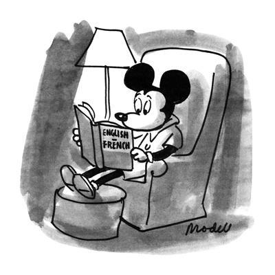 Mickey Mouse reading a English/French dictionary.  Refers to the recent an? - New Yorker Cartoon