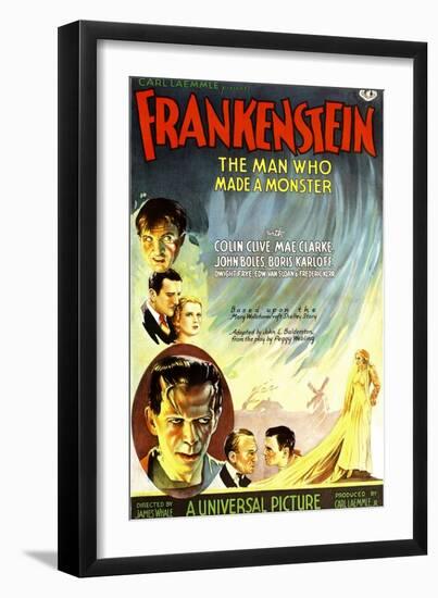 Frankenstein, Dwight Frye, John Boles, Mae Clarke, Boris Karloff, Edward Van Sloan, 1931-null-Framed Art Print