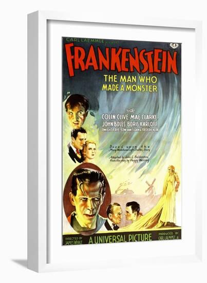Frankenstein, Dwight Frye, John Boles, Mae Clarke, Boris Karloff, Edward Van Sloan, 1931-null-Framed Art Print