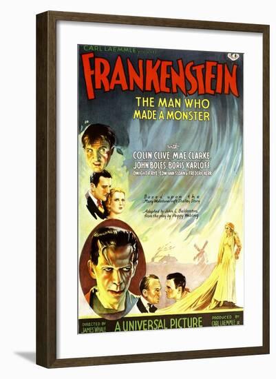 Frankenstein, Dwight Frye, John Boles, Mae Clarke, Boris Karloff, Edward Van Sloan, 1931-null-Framed Art Print