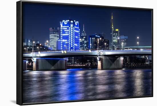 Frankfurt, Hesse, Germany, Frankfurt Financial District and FriedensbrŸcke at Dusk-Bernd Wittelsbach-Framed Photographic Print