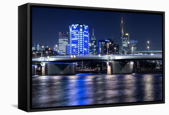 Frankfurt, Hesse, Germany, Frankfurt Financial District and FriedensbrŸcke at Dusk-Bernd Wittelsbach-Framed Stretched Canvas