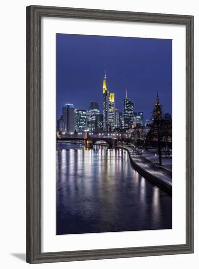 Frankfurt, Hesse, Germany, Skyline with Financial District and Old Bridge, Dusk, Wintertime-Bernd Wittelsbach-Framed Photographic Print