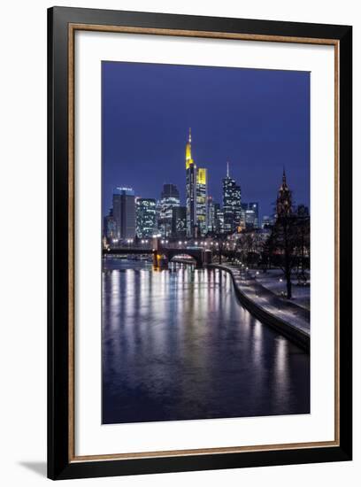 Frankfurt, Hesse, Germany, Skyline with Financial District and Old Bridge, Dusk, Wintertime-Bernd Wittelsbach-Framed Photographic Print