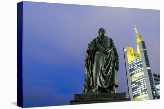 Frankfurt on the Main, Hesse, Germany, Goethe's Monument with Commerzbank Building-Bernd Wittelsbach-Stretched Canvas