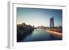 Frankfurt Ostend cityscape with a passing ship on the Main River, Frankfurt, Hesse, Germany, Europe-Andreas Brandl-Framed Photographic Print