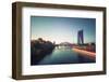 Frankfurt Ostend cityscape with a passing ship on the Main River, Frankfurt, Hesse, Germany, Europe-Andreas Brandl-Framed Photographic Print