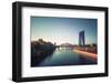 Frankfurt Ostend cityscape with a passing ship on the Main River, Frankfurt, Hesse, Germany, Europe-Andreas Brandl-Framed Photographic Print