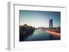 Frankfurt Ostend cityscape with a passing ship on the Main River, Frankfurt, Hesse, Germany, Europe-Andreas Brandl-Framed Photographic Print