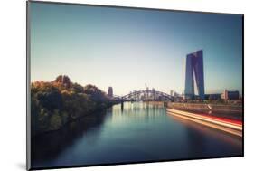 Frankfurt Ostend cityscape with a passing ship on the Main River, Frankfurt, Hesse, Germany, Europe-Andreas Brandl-Mounted Photographic Print