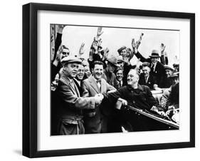 Franklin Roosevelt in the Back Seat of His Car, Surrounded by Cheering Citizens, 1930s-null-Framed Photo