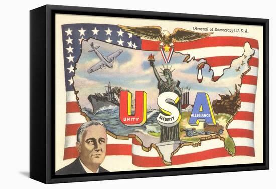 Franklin Roosevelt with Flag and Map-null-Framed Stretched Canvas