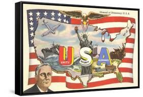 Franklin Roosevelt with Flag and Map-null-Framed Stretched Canvas