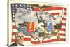 Franklin Roosevelt with Flag and Map-null-Stretched Canvas