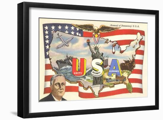 Franklin Roosevelt with Flag and Map-null-Framed Art Print