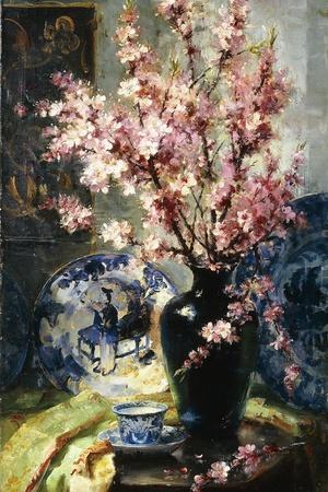 Apple Blossoms and Blue and White Porcelain on a Table