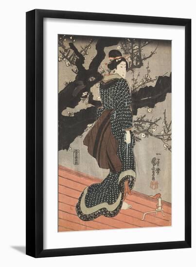 Frau, nachts unter einem blühenden Pflaumenbaum. Um 1848-Utagawa Kuniyoshi-Framed Giclee Print