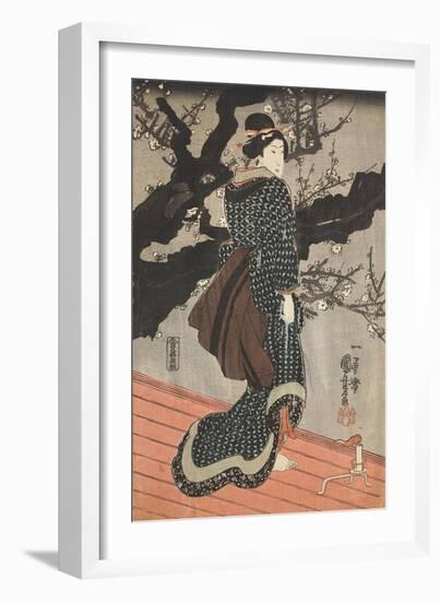Frau, nachts unter einem blühenden Pflaumenbaum. Um 1848-Utagawa Kuniyoshi-Framed Giclee Print