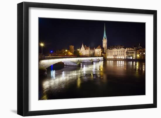 Fraumunster Abbey Night Scenic, Zurich-George Oze-Framed Photographic Print