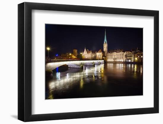 Fraumunster Abbey Night Scenic, Zurich-George Oze-Framed Premium Photographic Print
