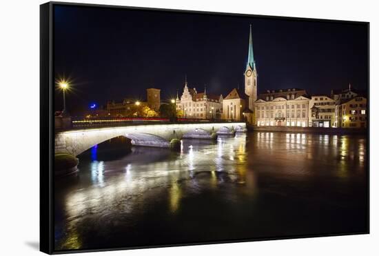 Fraumunster Abbey Night Scenic, Zurich-George Oze-Framed Stretched Canvas