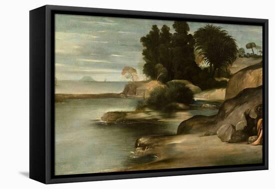 Fray Juan Bautista Maíno / 'Landscape with Saint John the Evangelist', 1612-1614, Spanish School...-JUAN BAUTISTA MAYNO-Framed Stretched Canvas