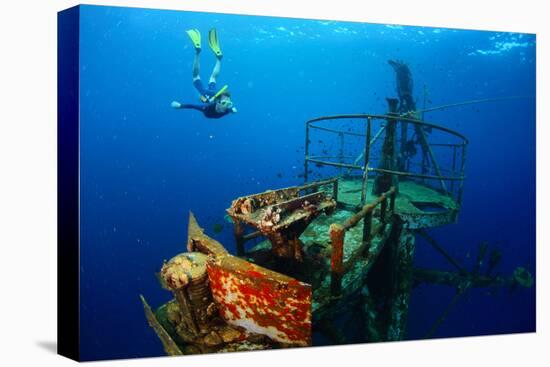 Free Diver Exploring the Ship Wreck in Tropical Clear Sea-Dudarev Mikhail-Stretched Canvas