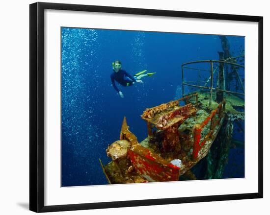 Free Diver Exploring the Ship Wreck in Tropical Sea-Dudarev Mikhail-Framed Photographic Print