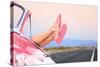 Freedom Car Travel Concept - Woman Relaxing with Feet out of Window in Cool Convertible Vintage Car-Maridav-Stretched Canvas