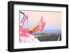 Freedom Car Travel Concept - Woman Relaxing with Feet out of Window in Cool Convertible Vintage Car-Maridav-Framed Photographic Print