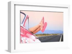Freedom Car Travel Concept - Woman Relaxing with Feet out of Window in Cool Convertible Vintage Car-Maridav-Framed Photographic Print